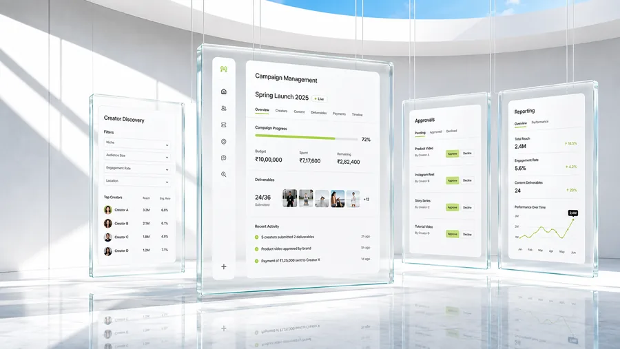 guapd glass panels showing campaign management, creator discovery, approvals and reporting