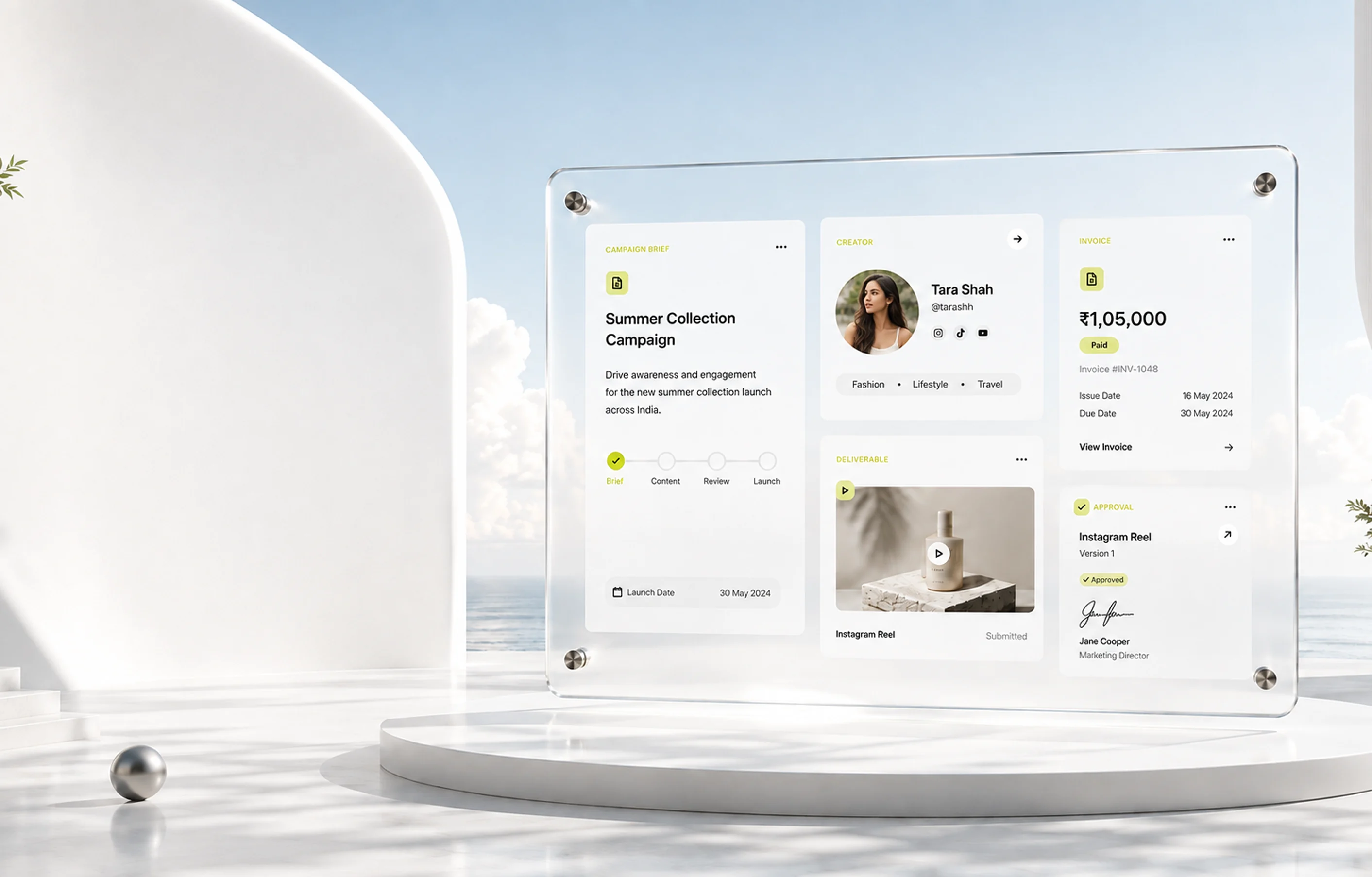 guapd campaign brief, creator, invoice and deliverable glass panel
