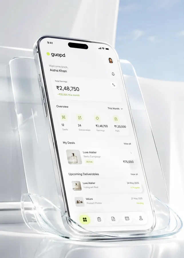 guapd dashboard showing total earnings, overview, deals, and upcoming deliverables