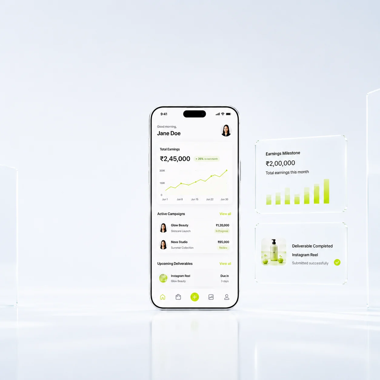 guapd dashboard showing active collaborations, upcoming campaigns, earnings, and content reviews