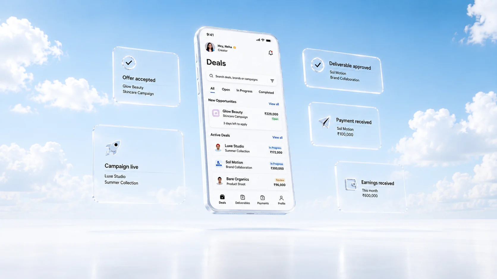guapd mobile app showing deals list, offer accepted, campaign live, deliverable approved, payment received, and earnings