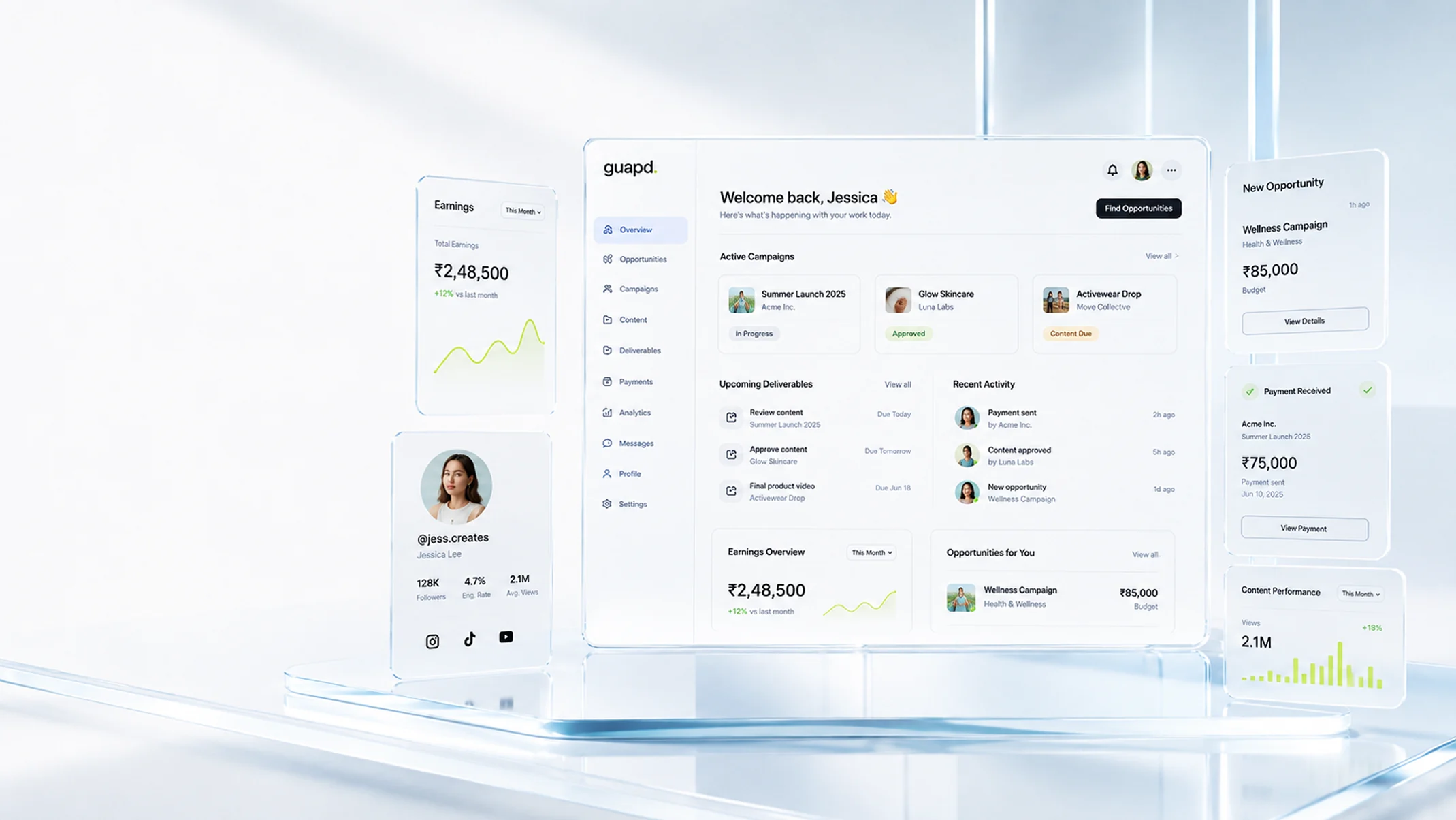 guapd creator dashboard showing earnings, active campaigns, upcoming deliverables, and recent activity