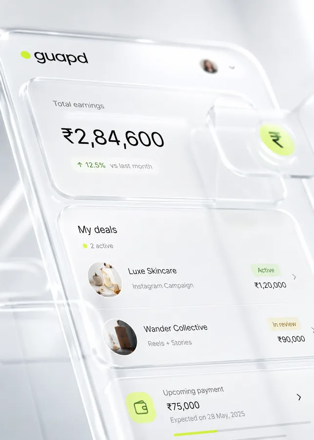 guapd total earnings, my deals, and upcoming payment