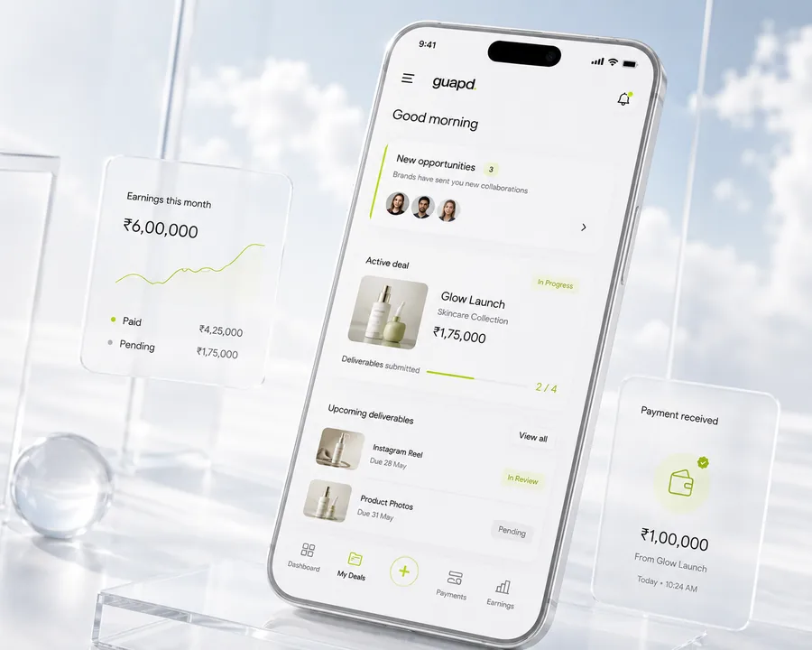 Phone showing creator dashboard with new opportunities, active deal, and payment received