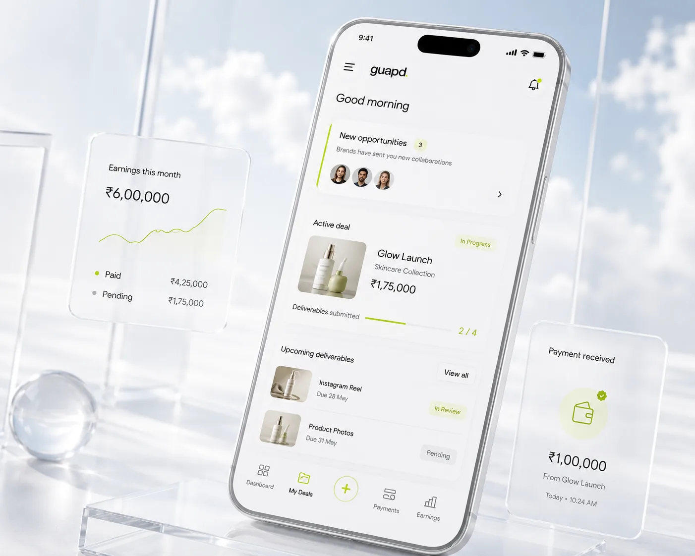 Phone showing creator dashboard with new opportunities, active deal, and payment received