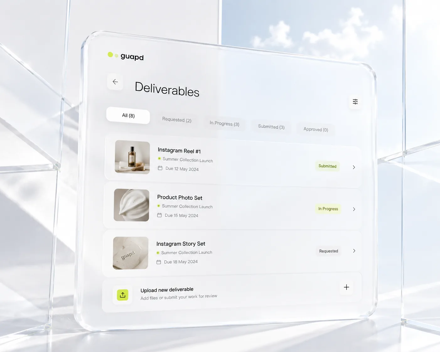 Glass panel showing deliverables list
