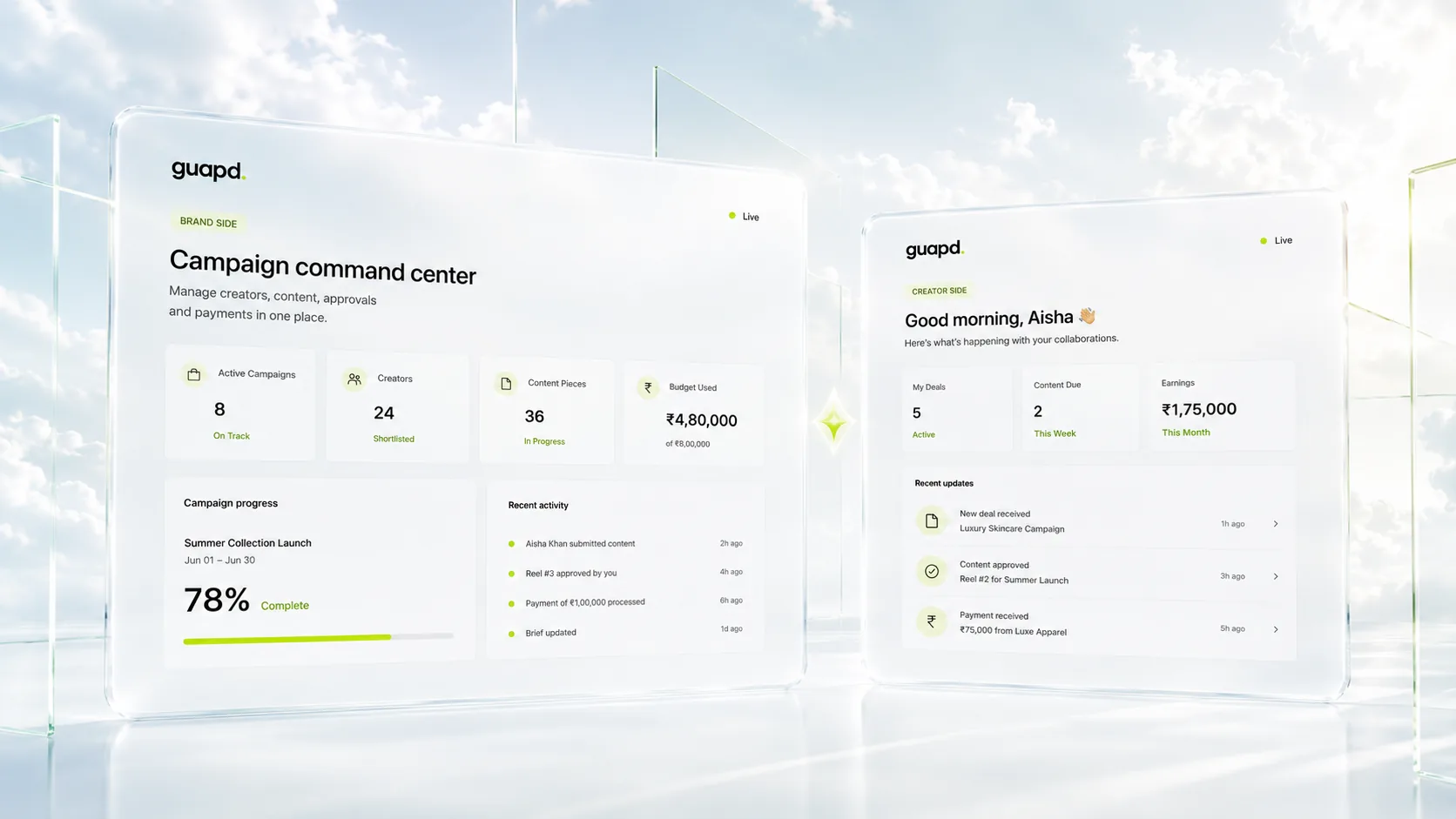 Two glass panels showing brand-side campaign command center and creator-side dashboard