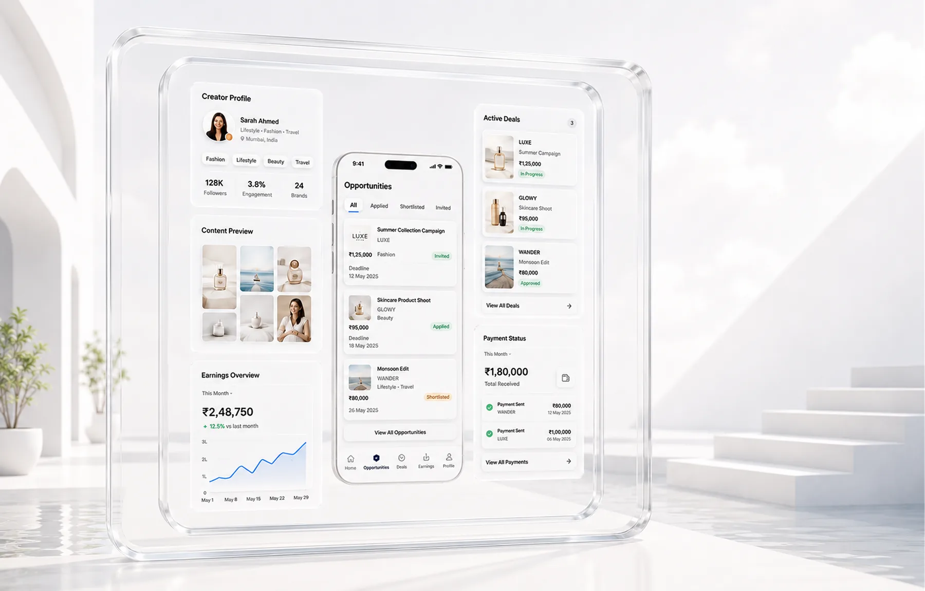 Creator dashboard shown as glass panels, creator profile, opportunities, active deals, payment status